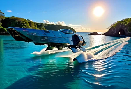 photograph, smooth, sleek, battle (WipEout anti-gravity craft), (split-front:1.3), landing in the waters of a lagoon, tropical island, blue sky, sunset, sharp, high detailed, realistic, scifi, futuristic, science fiction, sharp focus, masterpiece, best quality