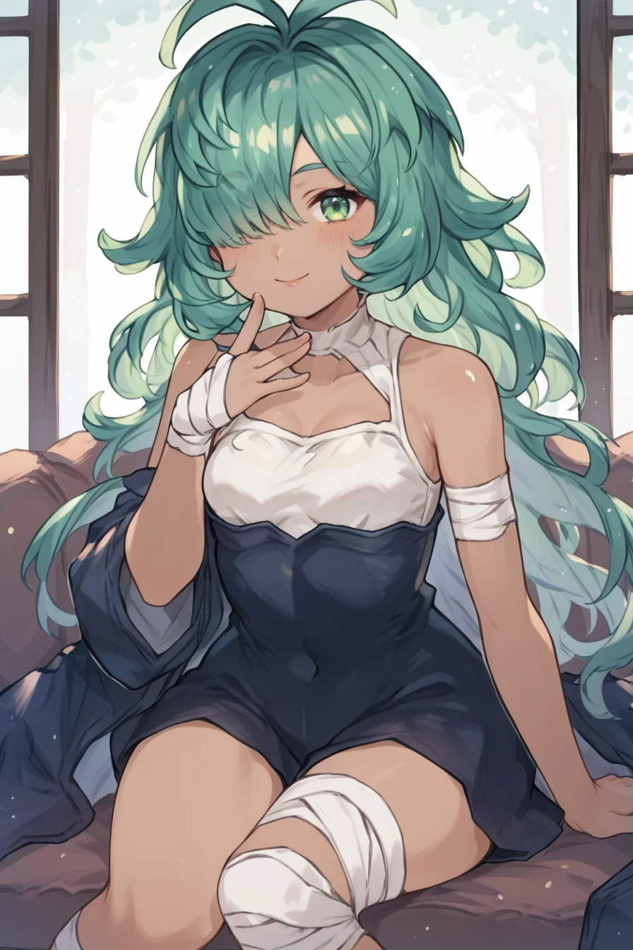 score_9, score_8_up, score_7_up, score_6_up, score_5_up, source anime, small breasts, looking at viewer, cowboy shot, solo, <lora:Kolulu_Granblue_Fantasy:0.65> , kolulu \(granblue_fantasy\), koluludef, (dark skin), green hair, green eyes, long hair, bandages, hair over one eye, living room, smile, <lora:hand 4:0.7> , Hand, hands, perfect hands, sitting, <lora:Momoiiroo:1> , moiroo, <lora:ojou-sama_pose _pony:1> , ojou-sama_pose,