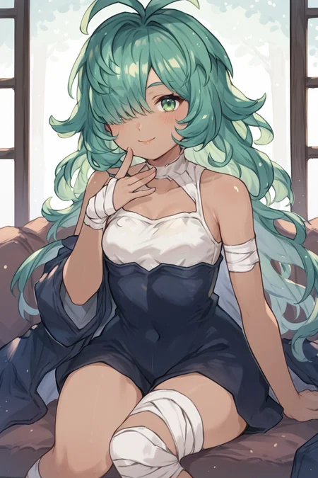 score_9, score_8_up, score_7_up, score_6_up, score_5_up, source anime, small breasts, looking at viewer, cowboy shot,  solo, <lora:Kolulu_Granblue_Fantasy:0.65> , kolulu \(granblue_fantasy\), koluludef, (dark skin), green hair, green eyes, long hair, bandages, hair over one eye, living room, smile, <lora:hand 4:0.7> , Hand, hands, perfect hands, sitting,  <lora:Momoiiroo:1> , moiroo,  <lora:ojou-sama_pose _pony:1> , ojou-sama_pose,