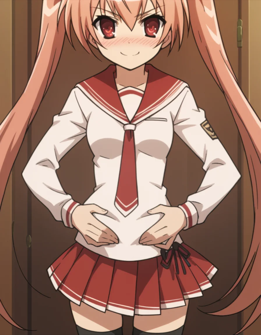score_9, score_8_up, score_7_up, source_anime, <lora:aria-holmes-kanzaki-s1-ponyxl-lora-nochekaiser:1>, aria holmes kanzaki, long hair, red eyes, twintails, pink hair,, skirt, thighhighs, school uniform, serafuku, zettai ryouiki, white shirt, long sleeves, red sailor collar, necktie, red necktie, red skirt, pleated skirt,, bookstore, browsing shelves, new book smell, finding a favorite, quiet atmosphere, smile, hands on stomach, blush,, looking at viewer, solo,, dutch angle, cowboy shot