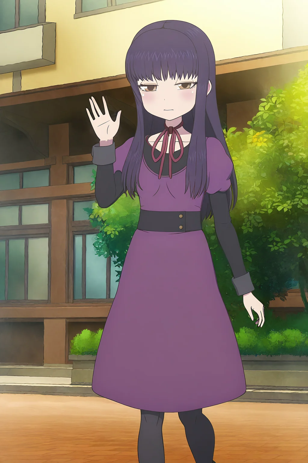 masterpiece,best quality,good quality,rating safe,<lora:oono_akira-ill_narcissu:1>,oono akira, 1girl,solo,
, long hair, purple hair, brown eyes, neck ribbon, red ribbon, purple dress, long sleeves, pantyhose,shoes,standing,looking at viewer,waving hand,closed mouth,outdoor