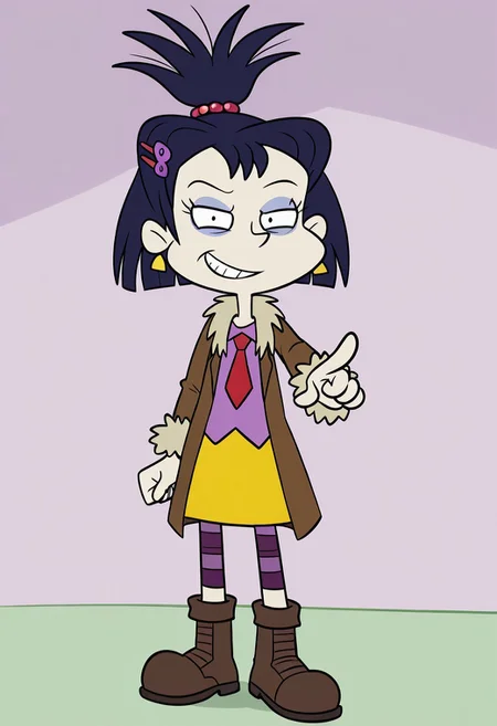 Hhriblestyle, 1girl,solo, looking at viewer, K1m_S1, black eyes, dark purple hair, half ponytail, updo, OutF2, golden earrings, purple bead hairclip, purple hairtie, brown fur collar coat, fur cuffs, red necktie, purple shirt, yellow skirt, brown and green striped leggings, brown boots, smile, pointing at viewer,