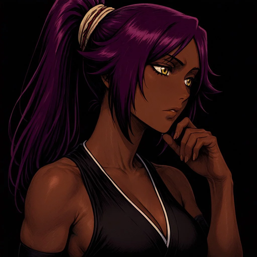 masterpiece, best quality, newest, absurdres, highres, NFCV1.0,
1girl, shihouin yoruichi (bleach), dark-skinned female, yellow eyes, ponytail, Purple hair,