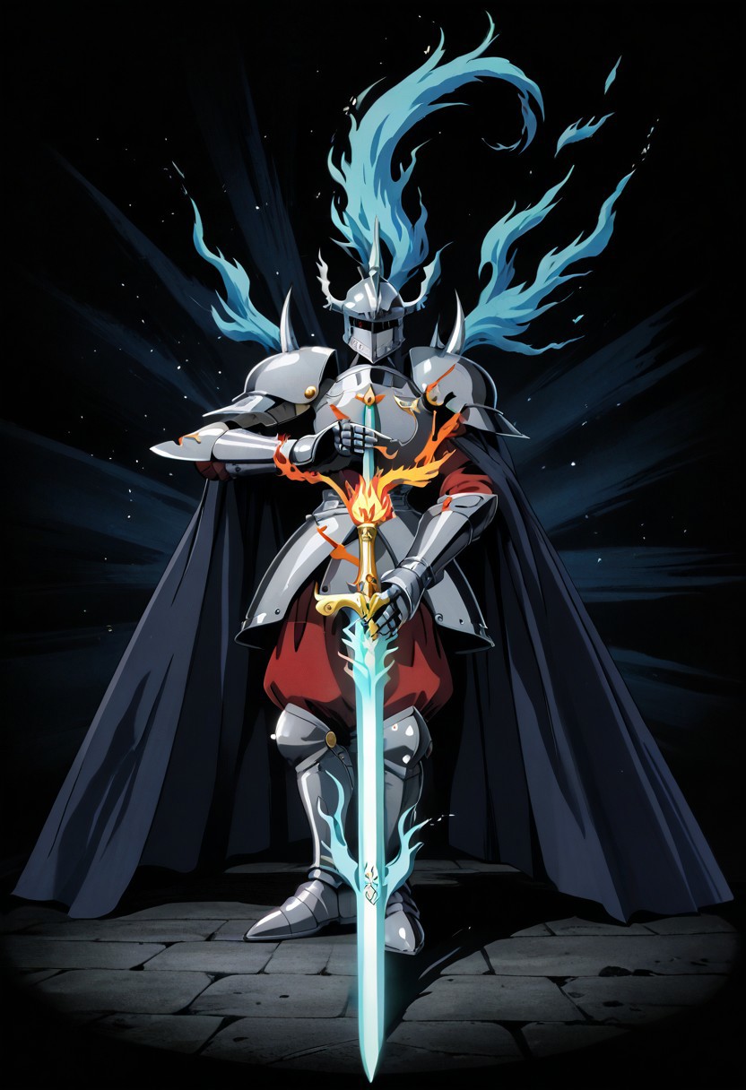score_9, score_8_up, score_7_up, score_6_up, score_5_up, score_4_up, source_anime,NCRender,retro artstyle,knight,horned helmet,holding sword,flaming sword,blue flames,full body,dynamic pose