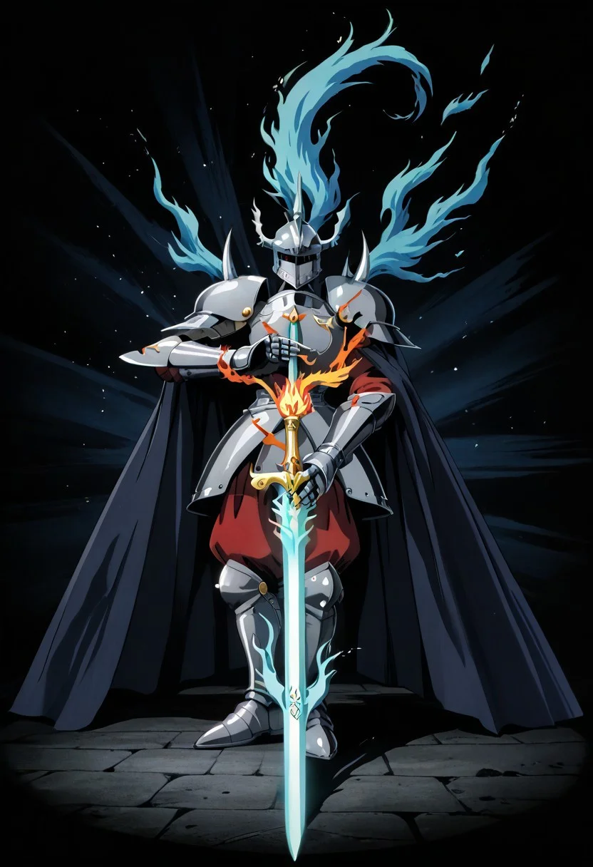 score_9, score_8_up, score_7_up, score_6_up, score_5_up, score_4_up, source_anime,NCRender,retro artstyle,knight,horned helmet,holding sword,flaming sword,blue flames,full body,dynamic pose