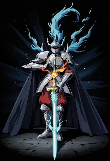 score_9, score_8_up, score_7_up, score_6_up, score_5_up, score_4_up, source_anime,NCRender,retro artstyle,knight,horned helmet,holding sword,flaming sword,blue flames,full body,dynamic pose
