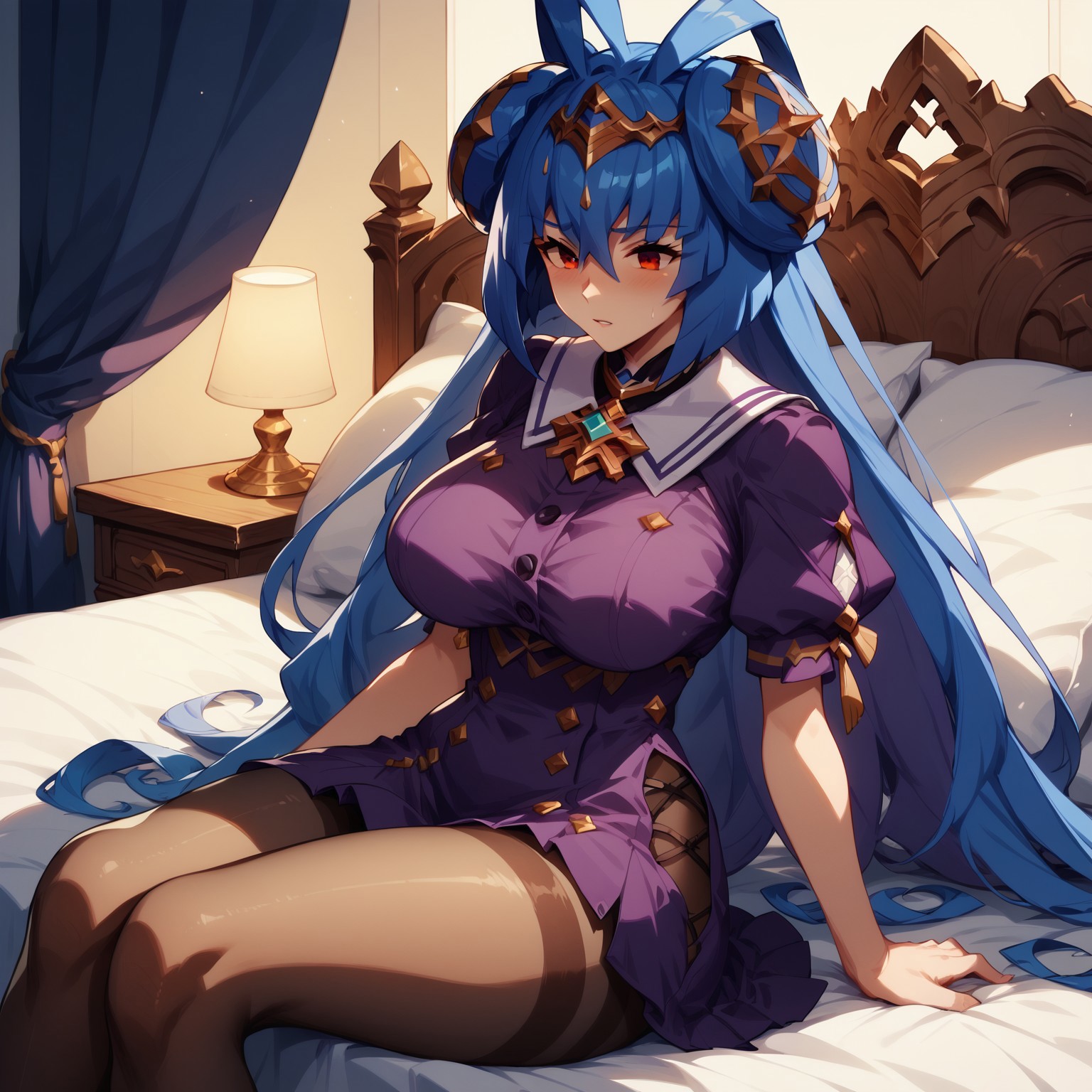 safe_pos, safe_pos, score_9, score_8_up, score_7_up, score_6_up, source_anime,GEN, BREAK, Origa Dragalia, red eyes, blue hair, long hair, double bun, bangs, hair ornament, large breasts, wide hips, wyrmprintoriga, (hair flower:1), sailor collar, brooch, purple dress, buttons, pantyhose, 1girl, sitting on bed