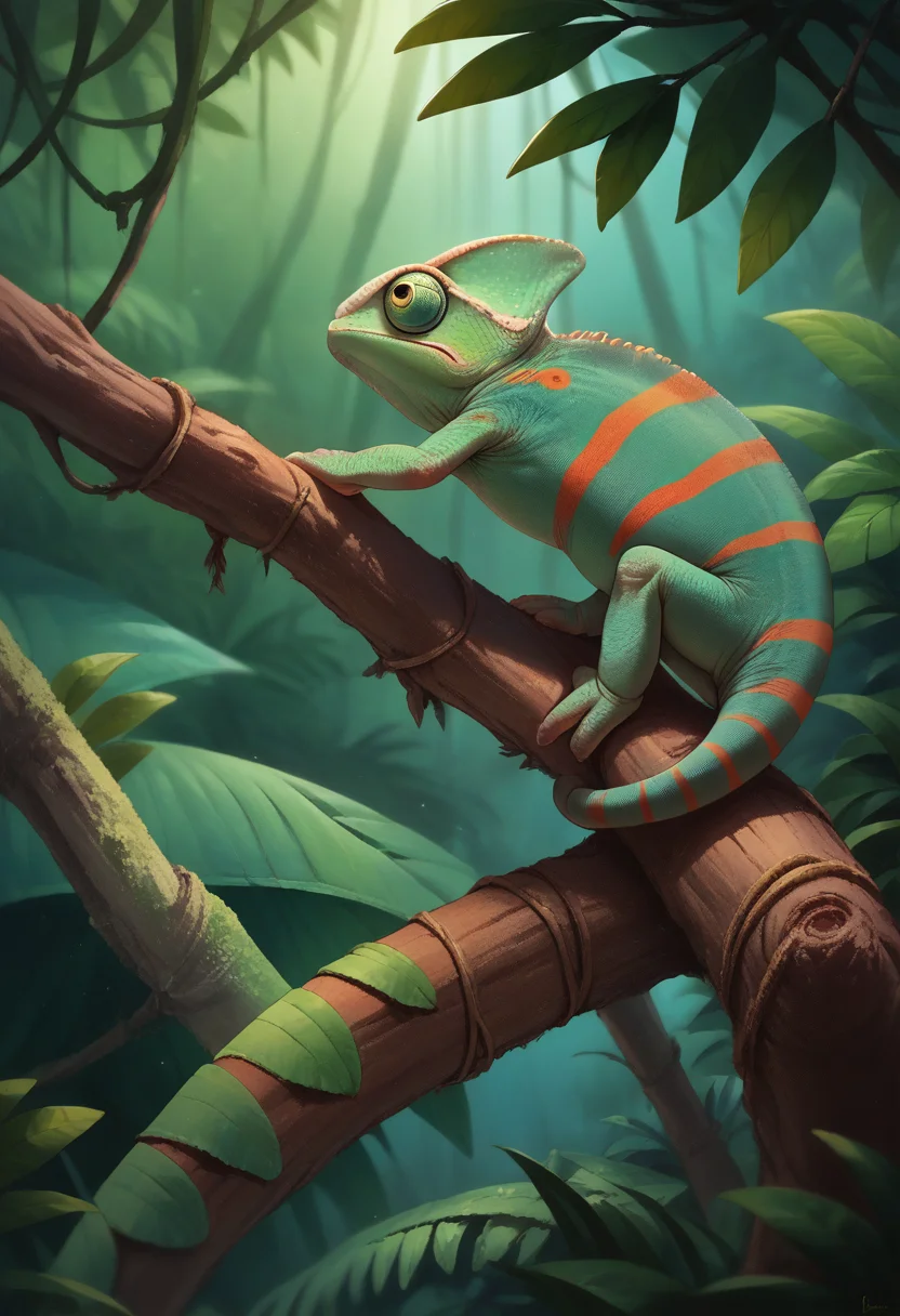 score_9, score_8_up, score_7_up, source_anime, Chameleon, lizard, back spikes, feral, scales, on branch, jungle, night, rainforest, green chameleon, <lora:ChamChameleonPonyXL:1.0>
