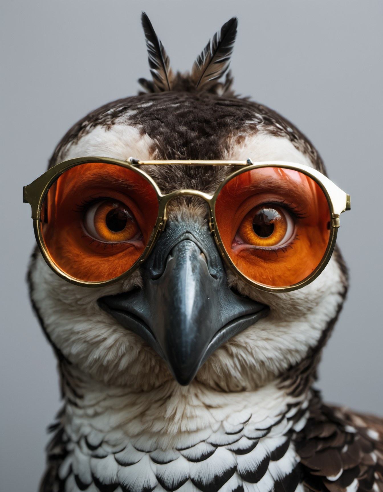 a bird with a striking crest and orange eyes, complemented by a black, hooked beak. Its feathers display a mesmerizing iridescence with shades of green, creating a captivating visual. This bird, known for its unique appearance