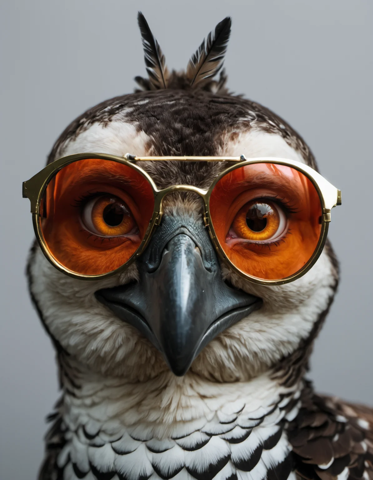 a bird with a striking crest and orange eyes, complemented by a black, hooked beak. Its feathers display a mesmerizing iridescence with shades of green, creating a captivating visual. This bird, known for its unique appearance