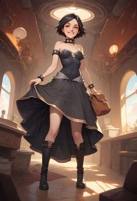score_9, score_8_up, score_8_up, 1800's era fashion and technology, concept art, illustration. Steampunk, industrial revolution,
1girl, age in mid20s, crooked smile, parted lips, (black hair), short hair, freckles, hazel eyes, (small breasts;1.3), long full-length black bowsette dress with orange trim, brown messenger bag. Wearing riding boots, she is looking out a porthole window, standing inside a passenger compartment aboard a dirigible airship, high res image, masterpiece, detailed background, perfection style