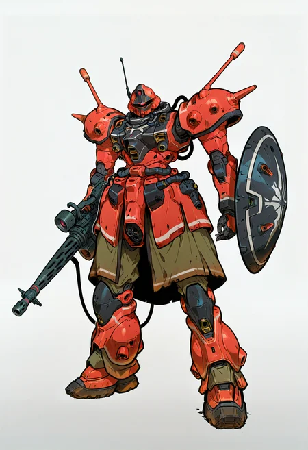 <lora:HeavyTechILXL:1> h3avyt3ch,
mecha, weapon, robot, no humans, solo, gun, zeon, one-eyed, white background, red eyes, mobile suit, shield, holding, holding weapon, machine gun, cable, standing, simple background, redesign, glowing eye, holding gun, machinery, masterpiece, best quality, amazing quality, intricate detail, highly detailed, absurdres, very aesthetic, dynamic lighting, detailed background, scenery, (volumetric lighting)