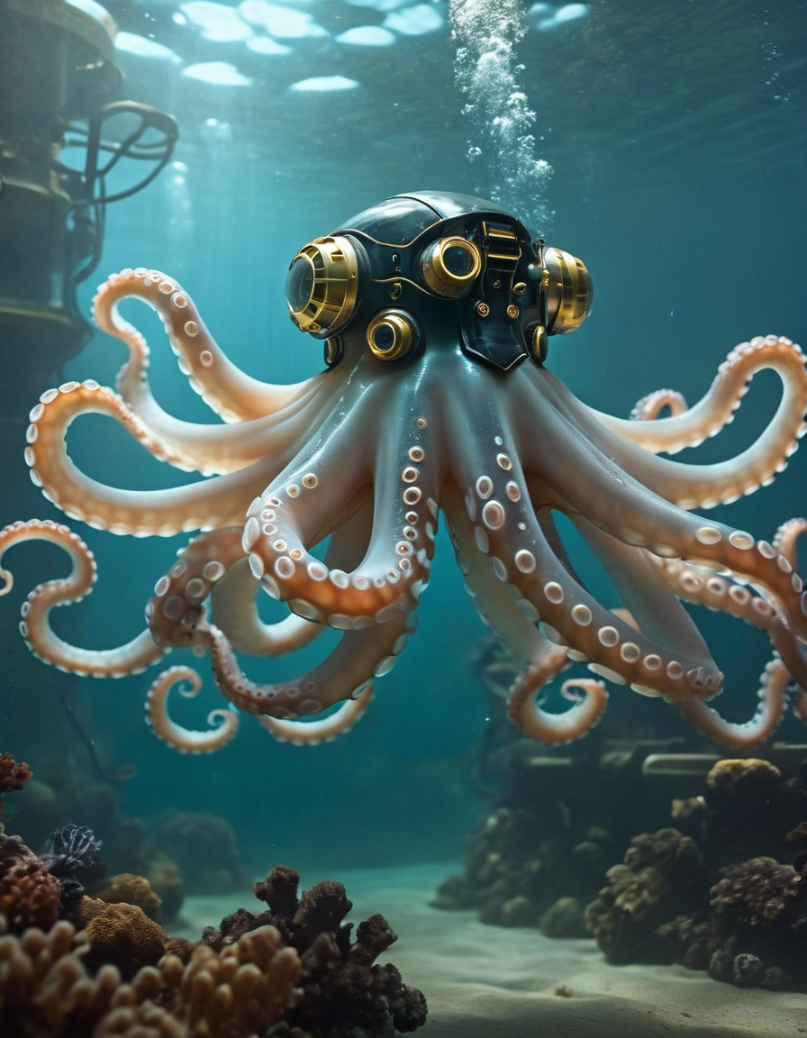 cinematic film still cinematic still fflix_mythcyber, no humans, tentacles, underwater, octopus, science fiction, air bubble, non-humanoid robot . emotional, harmonious, vignette, highly detailed, high budget, bokeh, cinemascope, moody, epic, gorgeous, film grain, grainy", "fflix_mythcyber, no humans, tentacles, underwater, octopus, science fiction, air bubble, non-humanoid robot, extremely detailed digital painting, in the style of fenghua zhong and ruan jia and jeremy lipking and peter mohrbacher, mystical colors, rim light, beautiful lighting, 8 k, stunning scene, raytracing, octane, trending on artstation
 <lora:fflix_mythcyber-000006:1>, , <lora:FILM_PHOTOGRAPHY_STYLE:0.25> . shallow depth of field, vignette, highly detailed, high budget, bokeh, cinemascope, moody, epic, gorgeous, film grain, grainy