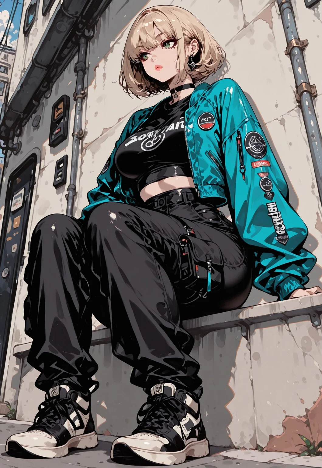 score_9, score_8_up, score_7_up, masterpiece, best quality, very aesthetic, detailed face, (dynamic:1), 1girl, Neon-cyan + Matte-black, Ash-blonde bob, neon-cyan crop-tee, matte-black oversized bomber, high-waist cargo pants, chunky sneakers, minimal-techno makeup, streetwear, style, berlin, 