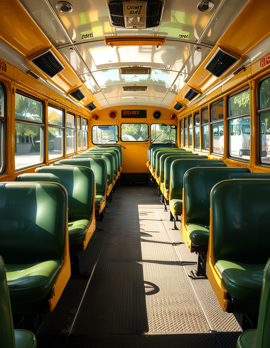 The interior of a classic yellow school bus, captured in a clean and well-maintained state. Long rows of simple green vinyl seats line both sides of a narrow aisle, slightly worn from regular use. The perspective is from the front of the bus, looking toward the back, with a clear view of the seats and the metal handrails on top of each row. Sunlight streams in through the large rectangular windows on both sides, creating soft reflections on the seats and a warm glow inside. The floor is textured black rubber, with faint signs of foot traffic. The atmosphere feels quiet and inviting, with no students present, giving a peaceful and slightly nostalgic vibe. The style is photorealistic, highlighting the details of the seat stitching, window latches, and the subtle reflections of light on surfaces. The background includes the driverâs area partially visible, with the steering wheel and dashboard controls adding to the authenticity.
<lora:SDXLFaeTastic2400:0.4> <lora:extremely_detailed:0.4> extremely detailed, <lora:sch00l_bus:1>,sch00l bus, Masterpiece,best quality,hi res,8k,hi res,8k,award winning,(sharp focus, intricate, highly detailed),