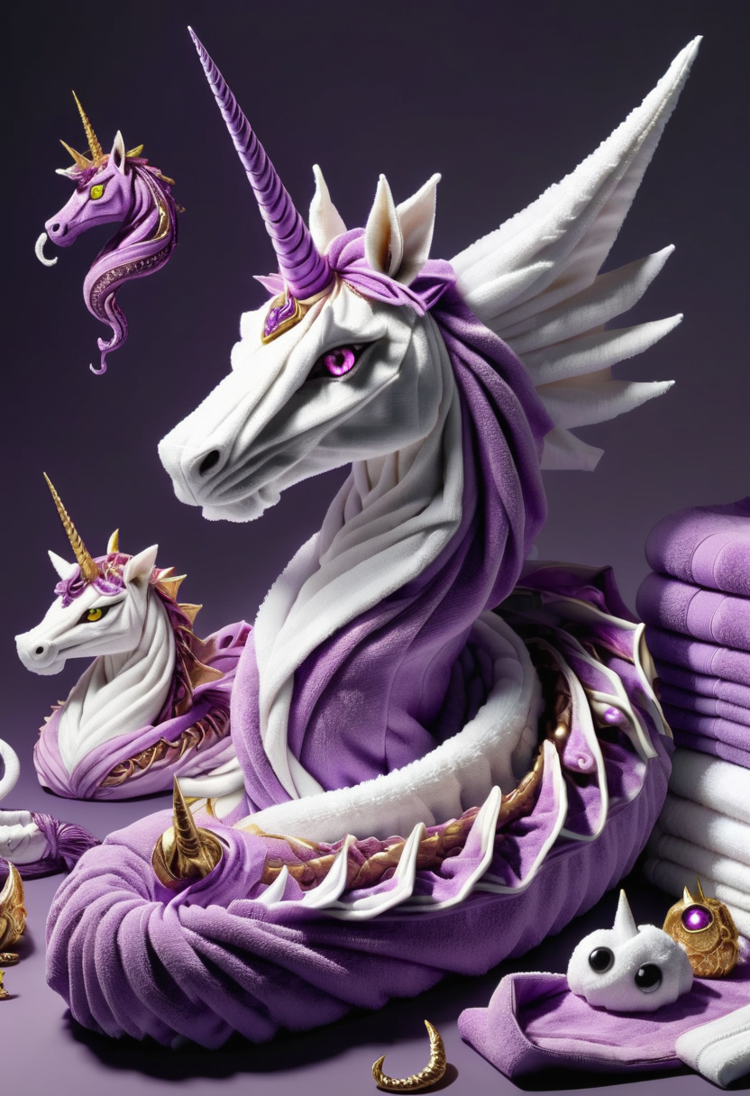 DonMT0w31XL towel, fusion of anagatogs,unicorn,demonocles,boa constrictor,tiger , purple <lora:DonMT0w31XL-000010:1>