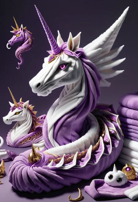 DonMT0w31XL towel, fusion of anagatogs,unicorn,demonocles,boa constrictor,tiger , purple <lora:DonMT0w31XL-000010:1>