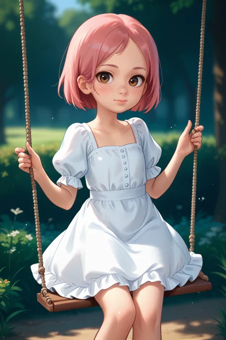 score_9,score_8_up,score_7_up,
<lora:summertimesaga-guy-PONY-DORAv1:1>
1girl, female child, small body, flat chest, brown eyes, pink hair, short hair, middle part hair, looking at viewer,
white dress, puffy sleeves, short skirt, cute, blush, outdoors, swing,