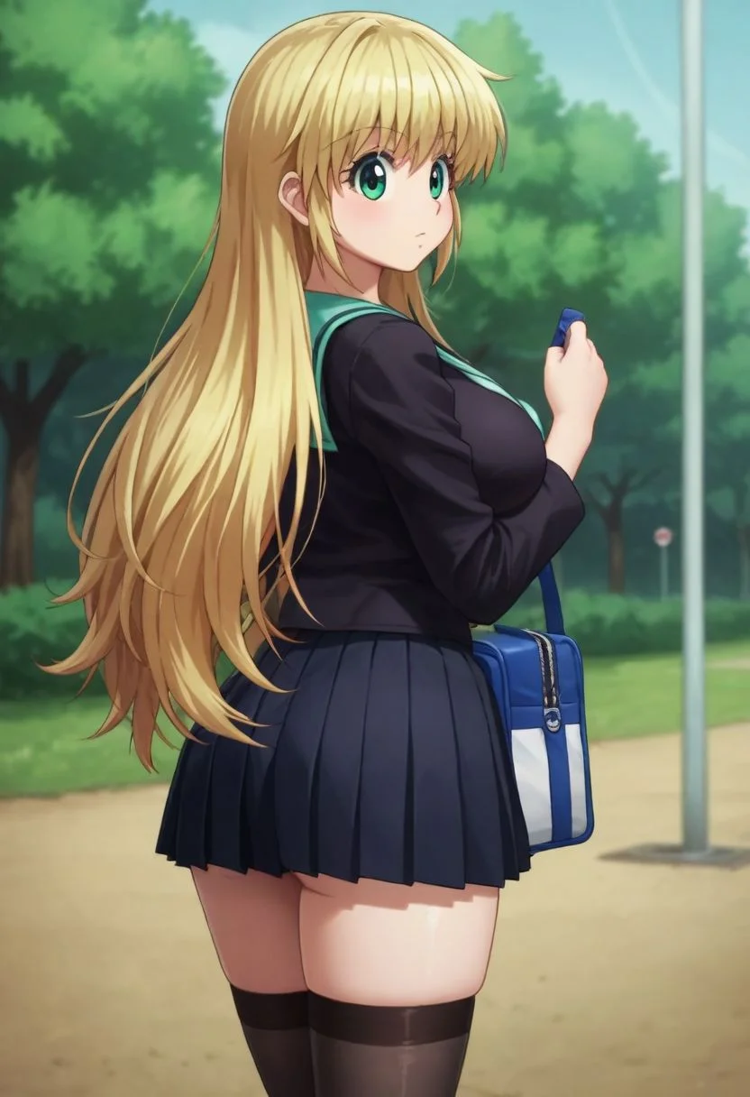 score_9, score_8_up, score_7_up, source_anime, rating_safe, intricate details, (realistic:0.6), , depth of field, 1girl, solo, female focus, <lora:shalnark_ryuseih_pony:0.76>, shalnark_ryuseih, blonde hair, green eyes,very long hair,absurdly long hair,big hair,female eyelashes, female eyebrows, curvy female, kawaii, ultra cute girl, ultra cute face, thighs, collarbone,large breasts,huge breasts,black serafuku,skirt,black skirt,miniskirt,pleated skirt,stockings,loafers, straight-on, bus stop, light, ass, :D, swim trunks,, <lora:sdxl_lightning_8step_lora:1>