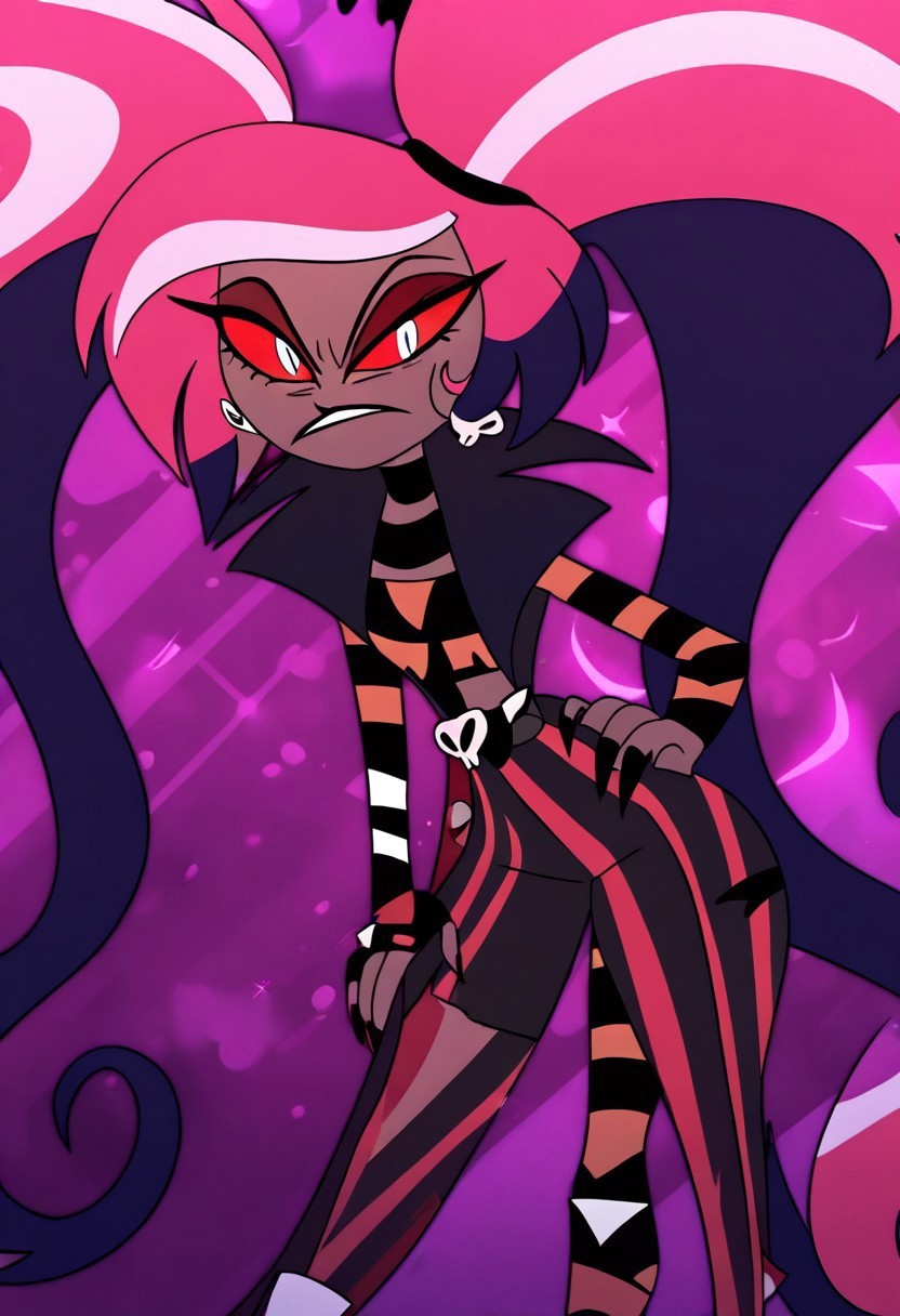 masterpiece, best quality, newest, absurdres, highres, HHp4ck-Style-V1.0, official style, 1girl, HHOVP-VelV.01, pink hair, red sclera, white eyes, slit pupils, twintails, dark-skinned female, dark skin, HHp4ck-Velv, striped, 



