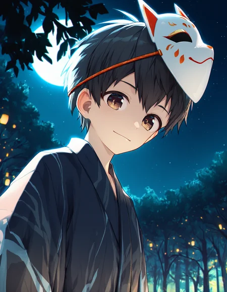 masterpiece, best quality, koemixpi-style, film grain, outdoors, forest, night sky, large moon, tree, backlighting, from below, upper body, 1boy, solo, black hair, brown eyes, japanese clothes, yukata, smile, looking at viewer, mask on head <lora:koe-mixpi_naiXL_v3b_ShoAI:1>