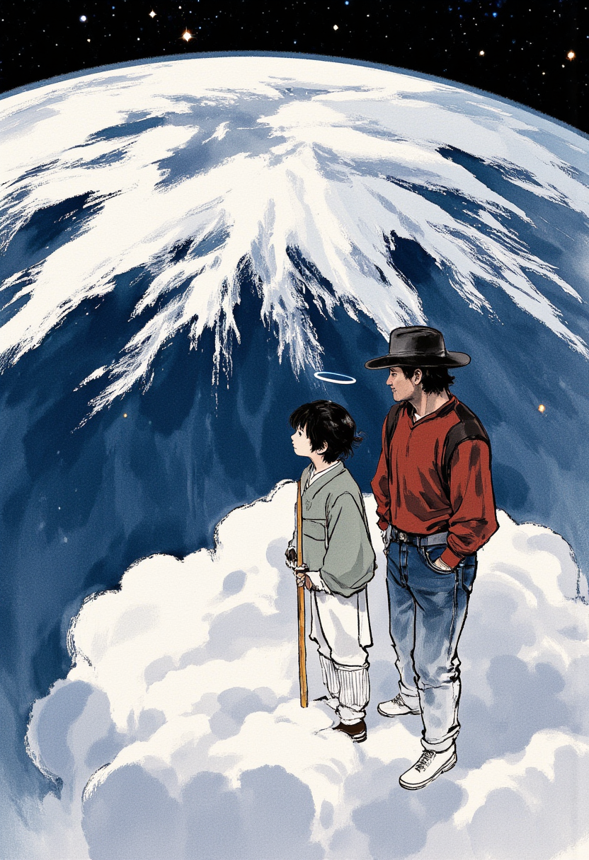 An image in style of ink wash painting, featuring a cinematic scene in low Earth orbit, depicting two distinct figures standing together on a small, compact fluffy cloud floating in space. A rugged, middle-aged western man with a muscular dadbod build, wearing a red and black plain shirt, blue jeans, and a classic cowboy hat, stands alongside an 18-year-old Asian student in a traditional school uniform. The student has a subtle white glowing halo above his head and anchors a polished wooden walking staff into the cloud beneath them. They're positioned at a three-quarter angle, allowing clear view of both their profiles and expressions as they gaze at the massive curved horizon of Earth above and before them. The Earth's surface fills the upper portion of the frame at a dramatic angle, showcasing intricate geographical details of a single region with a ethereal atmospheric glow emanating from its edge. The lower portion reveals the void of space dotted with brilliant stars. The composition mirrors the cinematic quality of "Gravity," with deep, rich contrasts between the illuminated Earth and the darkness of space. The scene captures the transition between day and night on Earth's surface, emphasizing the planet's enormous scale compared to the two figures. The lighting creates a serious, awe-inspiring atmosphere, highlighting the majestic vastness of space while maintaining photorealistic detail throughout.
<lora:Shuimozhuangshi_Ink_wash_painting_style_v2.7:1>