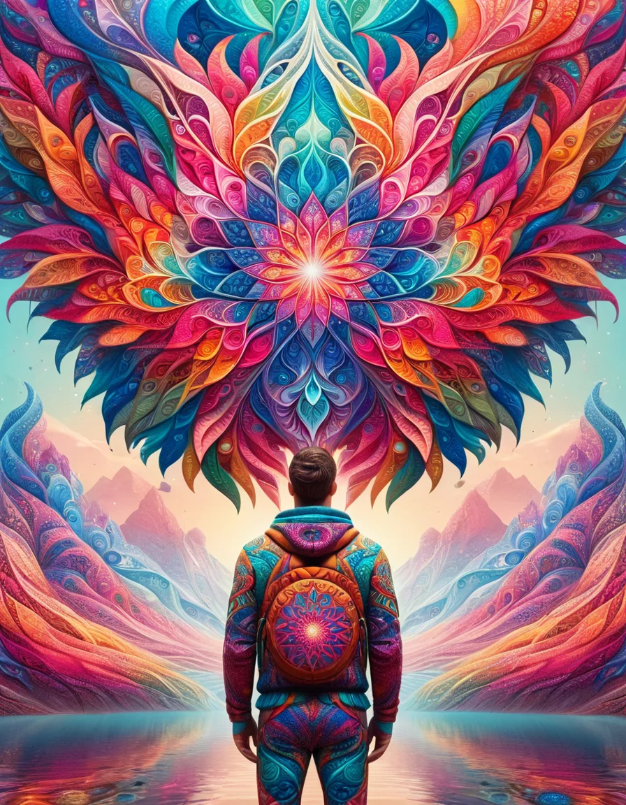 digital art designed by Alena Aenami, vibrant art, Digital art, contour rivalry drawing, 3D Rendering of a majestic, athletic (ral-kldscop:1.3) , One Hand in Pocket, Empty Eyes, Surreal digital illustrations, dreamscapes, ethereal environments, cinematic lighting, storytelling through visuals, otherworldly atmospheres, <lora:ral-kldscop:1>, epic composition, magic atmosphere, badge, great light, dynamic cinematic color, luxury