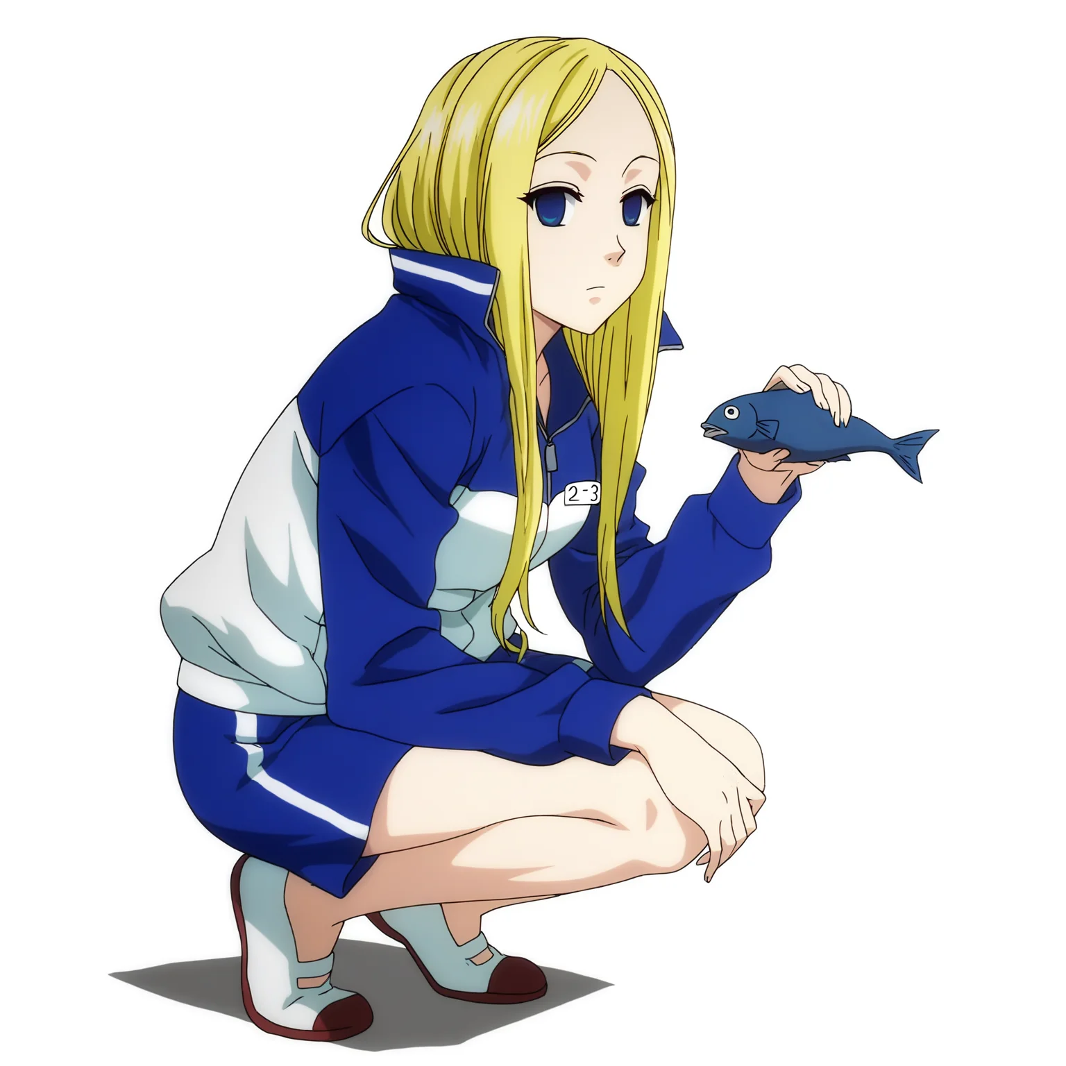 sharp focus, pixiv masterpiece, score_9, score_8_up, source_anime, score_7_up, best quality, high res, absurd res, BREAK
<lora:Nino_arakawa_under_the_bridge_illu_v38:1>,nino_arakawa_il, (1girl, solo:1.5), blonde_hair, blue_eyes, blue_white_tracksuit, number_tag, long_hair, blue_shorts, side_stripes,uwagaki_shoes, (anime_screencap:1.1), white background, simple background, expressionless, holding_fish, crouching, full body, looking at viewer