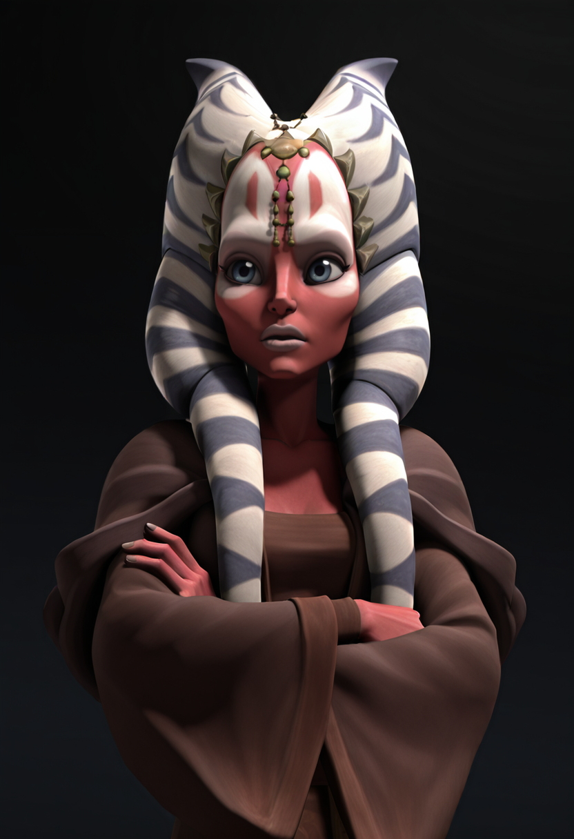 <lora:Shaak_Ti:1> shaak_ti, togruta, blue_white_lekku, red_skin, facial_markings, dark_brown_and_beige_outfit, head_jewelry, original_appearance, clone_wars_style, star_wars_background, 3d, Full_body, arm crossed in front of body