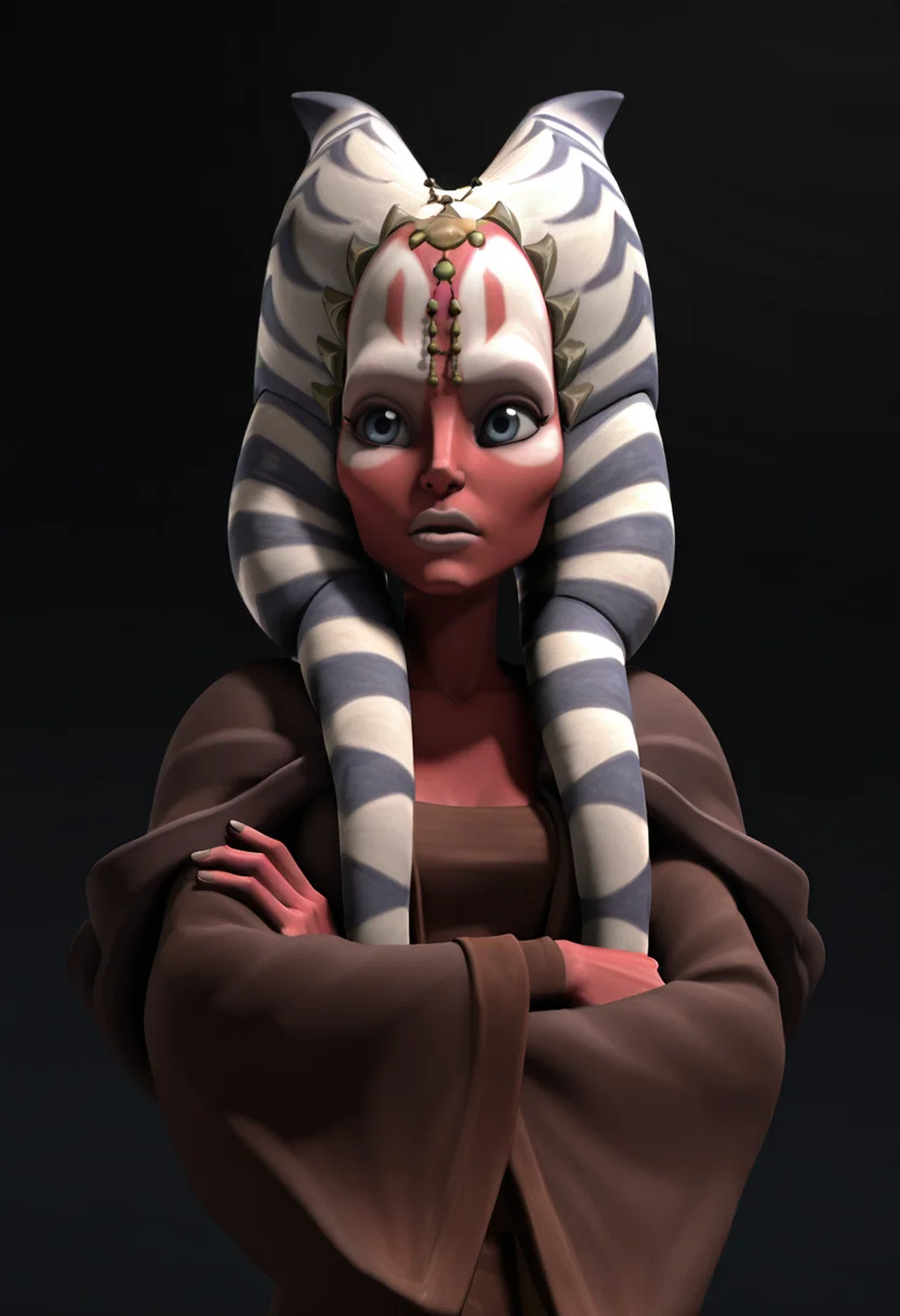 <lora:Shaak_Ti:1> shaak_ti, togruta, blue_white_lekku, red_skin, facial_markings, dark_brown_and_beige_outfit, head_jewelry, original_appearance, clone_wars_style, star_wars_background, 3d, Full_body, arm crossed in front of body