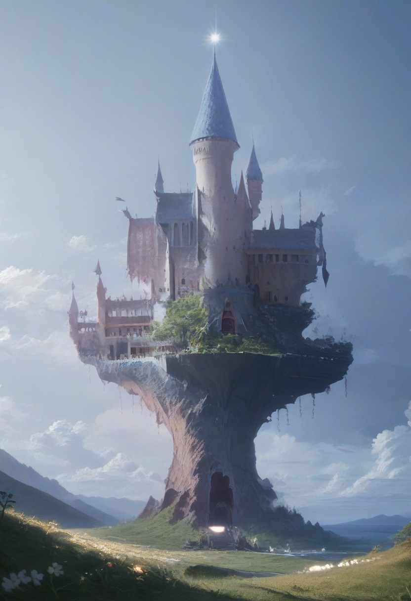 score_9, score_8_up, score_7_up, landscape photo of a castle floation in midair, masterpiece, outdoors, blue sky, grassy field, flowers, side lighting, warm lights, by loish, ((masterpiece))