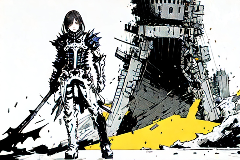 highly insanely detailed, masterpiece, top quality, best quality, highres, 4k, 8k, RAW photo, (very aesthetic, beautiful and aesthetic),  
tsutomu nihei,nihei_tsutomu,blame!,blame gakuen!,abara,TNstyle,sidonia_no_kishi,(tunnel,city ruins,lab,sidonia \(ship\),deep horizon,stairs,giant room,tower,mausoleum,space,spacecraft,megastructure in background,hangar),buildings,wire,machinery,gauna,gauna mech,bones,fence,ventilation fan,ventilation shaft,fog,foggy,mist,air conditioner,concrete walls,metal walls,bridge, 
<lora:ABARA:1>, 
(1girl:1.3), 
solo focus, 
(pure yellow background,transparent background:1.2),âââ