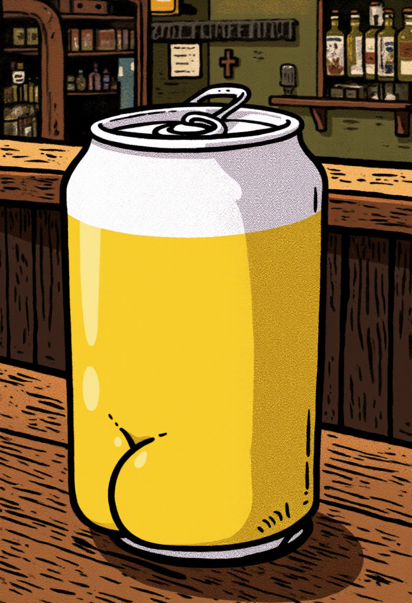 <lora:Butt_Stuff_FLUX-000018:1> 
Digital drawing of a stylized beer can  with a small, stylized indentation that appears to be a humorous representation of a buttocks. Pub background.