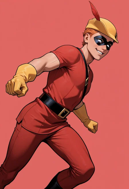 masterpiece, absurdres, high quality, perfect anatomy, 1boy, solo, cute boy, male focus, Speedy, Orange Hair, Domino Mask, White Eyes, Yellow Cap, Red Tunic, Tunic, Red Pants, Yellow Gloves, smug smile, parted lips, portrait, cinematic, intricately detailed illustration, depth of field, masterpiece, best quality, amazing quality, very aesthetic, absurdres, newest, very awa, shadow, dynamic angle, casual cosplay, dynamic pose, simple background, red theme