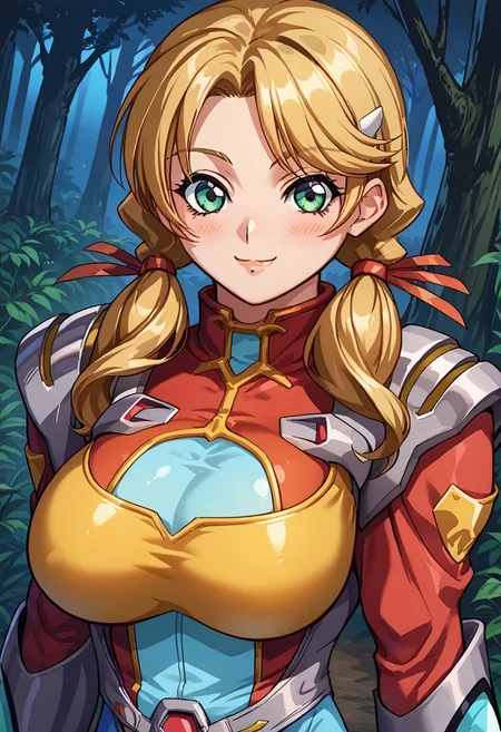 score_9, score_8_up, score_7_up, score_6_up, source_anime, 1girl, solo, oldrin, blonde hair, low twintails, green eyes, srwbluepilotsuit, red bodysuit, pauldrons, wrist guards, metal belt, grey armor, helmet removed, no headwear, large breasts, looking at viewer, light blush, smile, upper body, night, forest
