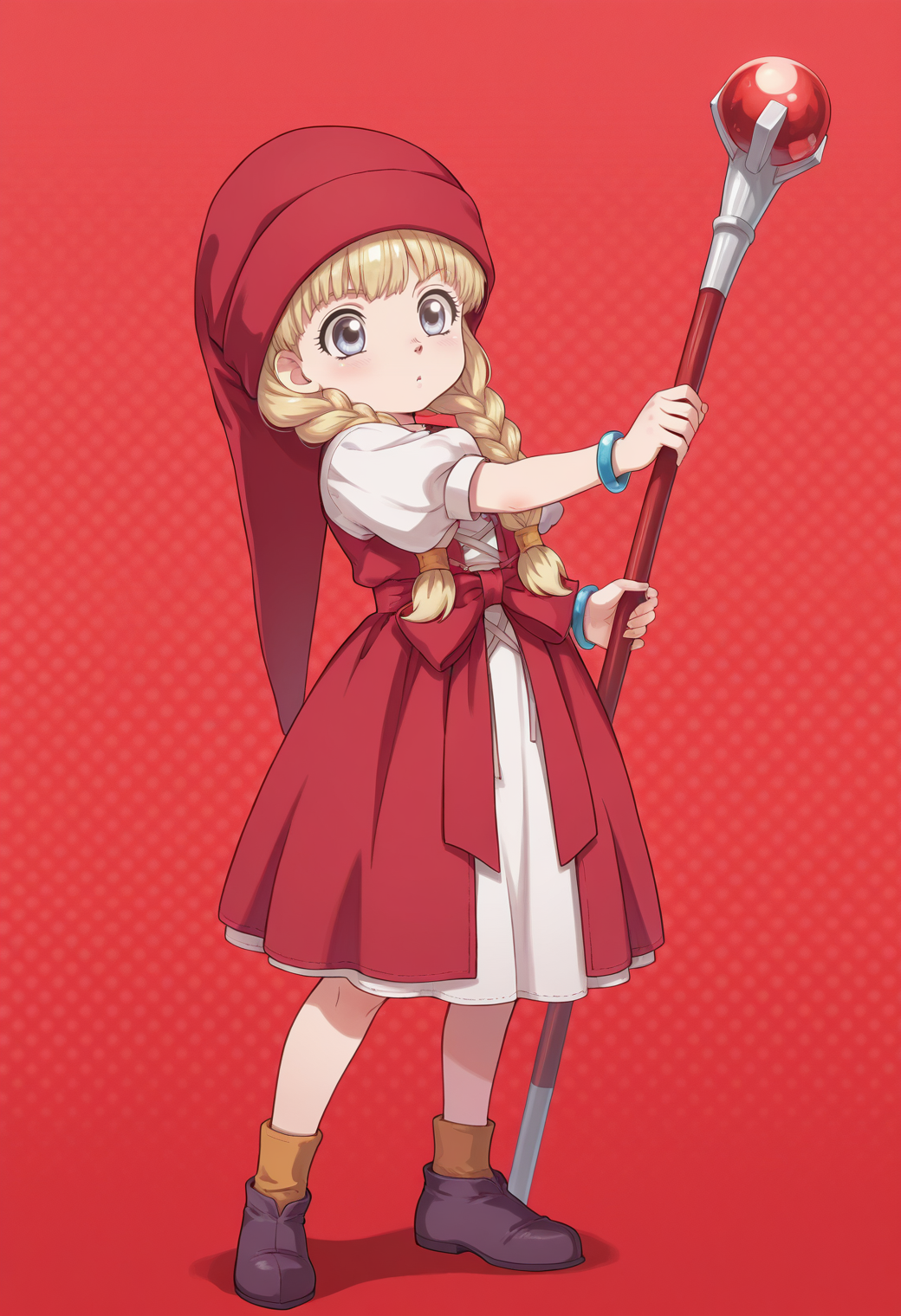 anime screencap, anime coloring,  <lora:DX888Veronica:1> veronica, blue eyes, child,  blonde hair, long hair, twin braids, hair over shoulder BREAK red headwear, red dress, puffy sleeves, waist bow, bracelet, shoes, socks,  BREAK  red  background,  halftone background,, BREAK contrapposto, fighting stance,  holding staff