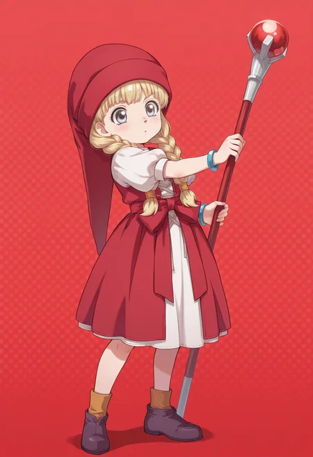 anime screencap, anime coloring, <lora:DX888Veronica:1> veronica, blue eyes, child, blonde hair, long hair, twin braids, hair over shoulder BREAK red headwear, red dress, puffy sleeves, waist bow, bracelet, shoes, socks, BREAK red background, halftone background,, BREAK contrapposto, fighting stance, holding staff