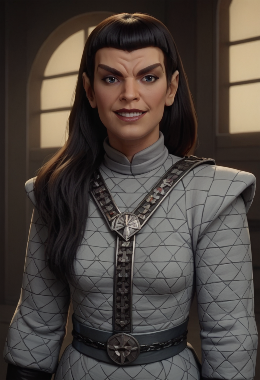 score_8, 1girl, romulan, romulan female, brow ridge, sharp eyebrows, romulan ears, romulan uniform, long hair, happy <lora:Romulan:0.7>
