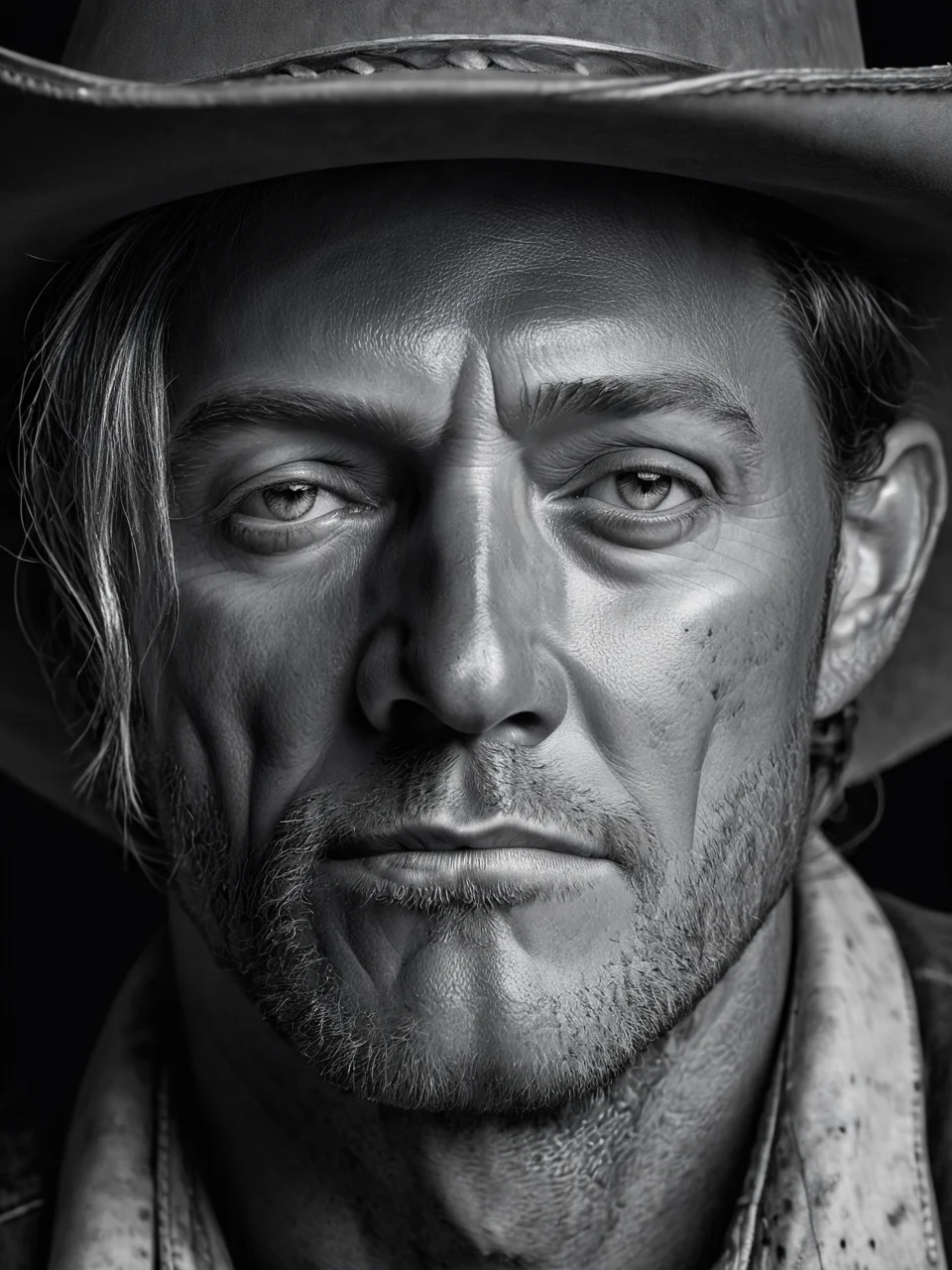 Black and white photograï¼On dark background, western cowboy half-size close-up, hyper-realism ((master work: 1.5), National Geographic photo, award-winning photo, realism, excellent work, highest quality, rich detail, panorama, sharpness, high contrast. (Film Grain: 1.4), Studio Lighting, Face Close-up, Clear Pores, Monochrome Background (Realistic: 1.2), Best Quality, Masterpiece, Ultra High Resolution. ï¼
<lora:é²å䏿´¾@é»ç½æå½±SDXL:1>