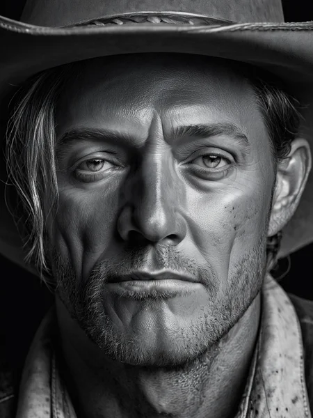 Black and white photograï¼On dark background, western cowboy half-size close-up, hyper-realism ((master work: 1.5), National Geographic photo, award-winning photo, realism, excellent work, highest quality, rich detail, panorama, sharpness, high contrast. (Film Grain: 1.4), Studio Lighting, Face Close-up, Clear Pores, Monochrome Background (Realistic: 1.2), Best Quality, Masterpiece, Ultra High Resolution. ï¼
<lora:é²å䏿´¾@é»ç½æå½±SDXL:1>