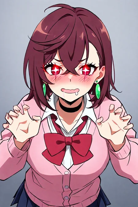 <lora:ayase_momo-koto-Illustrious v01:0.4> ayasemomo, hair between eyes, crossed bangs, green earrings, brown hair, red eyes, black choker, short hair, white shirt, red bowtie,pleated skirt,school uniform, pink cardigan, long sleeves, 1girl, solo, alone, <lora:pervert_face_and_pose_illustriousXL-000009:0.8>, + +, glowing eyes, claw pose, mouth drool, blush,masterpiece, highres