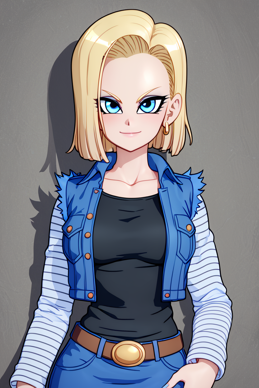 score_9, score_8_up, score_8, medium breasts, (curvy), cute, eyelashes,      ,,,  <lora:Android18PDXL:1.0>, zzAndroid18, blue eyes, blonde hair, short hair, jacket, denim, denim jacket, jewelry, earrings, long sleeves, shirt, skirt, belt, stripes, BREAK, smile, closed mouth, looking at viewer, cowboy shot,  ,,, embedding:zPDXL, Expressiveh, ,,, <lora:MantisStyle_PDXL_v2:0.8>, <lora:SDXLFaeTastic2400:0.5>, <lora:Expressive_H-000001:0.4>,