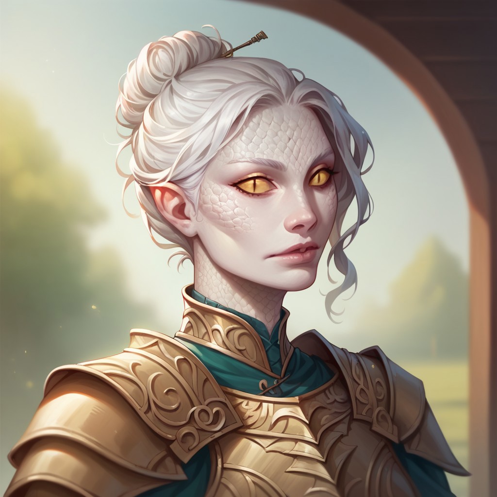 (((detailed, beautiful, high quality))), score_9, score_8_up, score_7_up, solo, upper body,
yuanti, slit pupils, pointed ears,
1girl, female focus, yellow eyes, white skin, scales, white hair, armor,
looking at viewer, posing,
fantasy background, blurred background,