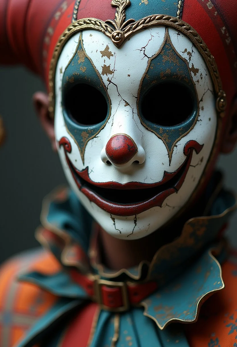 A closeup shot of a female jester wearing a highrise_mask made of porcelain. The highrise_mask shows signs of cracking but is fully intact.