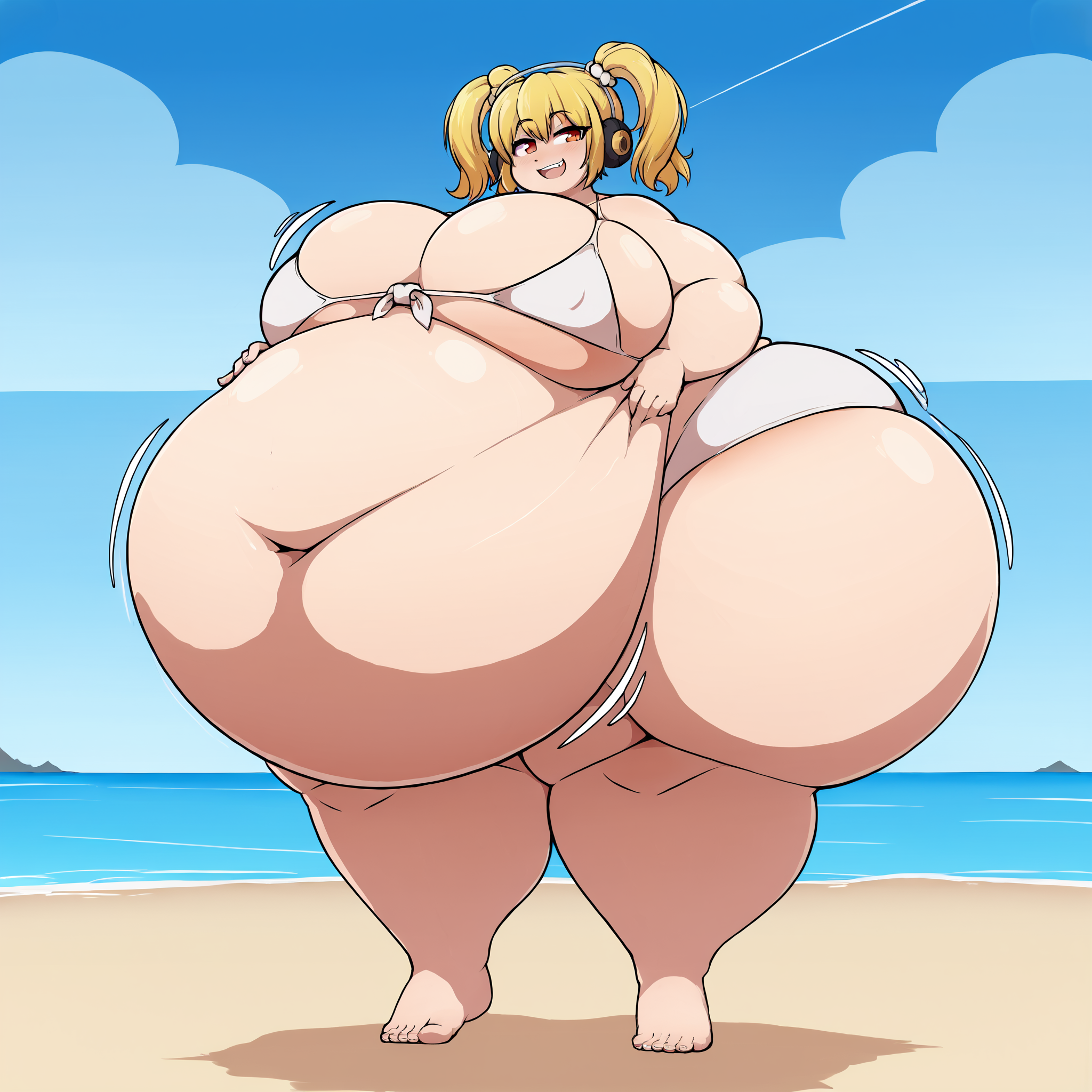 (masterpiece), best quality, (highly detailed), score_9, score_8_up, score_7_up, score_6_up, score_5_up, 1female, solo, <lora:Takano_style:0.8>, gigantic breasts, hyper belly, fat, obese, pigtails, white bikini, beach, <lora:pochaco_PDXL:1> , super pochaco, blonde hair, headphones, feet, grabbing own belly, smug, thick thighs, wide hips,