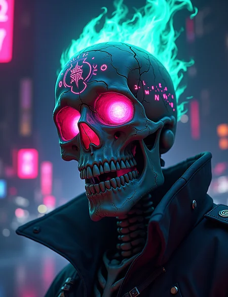 skelenecro, flat color two-toned in translucent Neon Pink, Blue, and Green hues, cinematic lighting, insane details, hyperrealistic extreme close-up macro photography, 64-megapixel DSLR. A vibrant, action-packed anime scene in a sketch-like style with thick, bold lines. The focus is a close-up of a charming skeleton necromancerâs skull, engraved with glowing neon symbols that blend medieval magic and futuristic sci-fi. His hollow eye sockets blaze with neon-turqoise-green flames, while his cracked bone structure reflects the neon hues of the environment. High collar Military parka, 
Small, illuminated circular lights float around his skull, giving him an ethereal, mysterious aura. The glowing runes on his bones pulse with energy, radiating a dark power. Atmospheric haze surrounds the scene, heightening the contrast between the deep blacks of the background and the vibrant neon lights. The intense aura swirling around him feels ready to explode with necromantic energy, creating a striking visual of raw emotion and supernatural power in this eerie, sci-fi fantasy setting., neon lights , dystopian city , hackers , by Josan Gonzalez , Simon Stalenhag , Maciej Rebisz , Mike Winkelmann (Beeple) , Darek Zabrocki