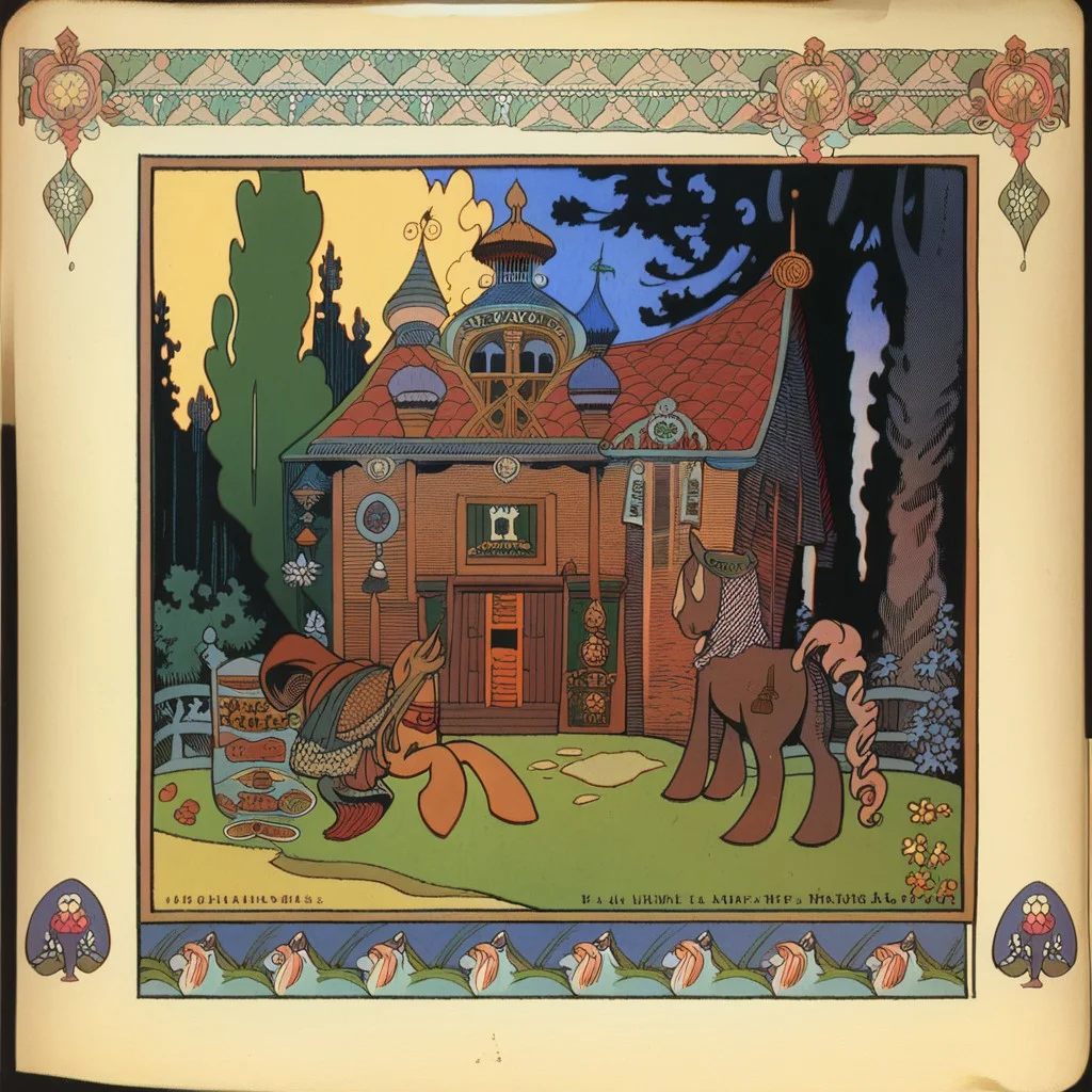 <lora:ivan-bilibin_pony_v1:1> ' asuka ' by bilibin ivan in 1911,design \(genre\),art nouveau \(modern\) \(style\), old Houses, score_9, score_6_up, score_7_up