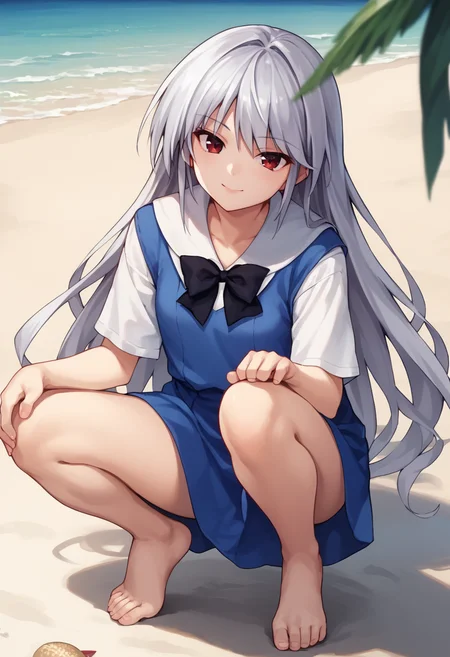 score_9,  score_7_up,   1girl, Kazuki, silver hair, long hair, red eyes, white shirt, blue dress, black bow,  squatting, front view, barefoot, beach, looking at viewer, light smile,  <lora:Kazuki Lora-000009:1>