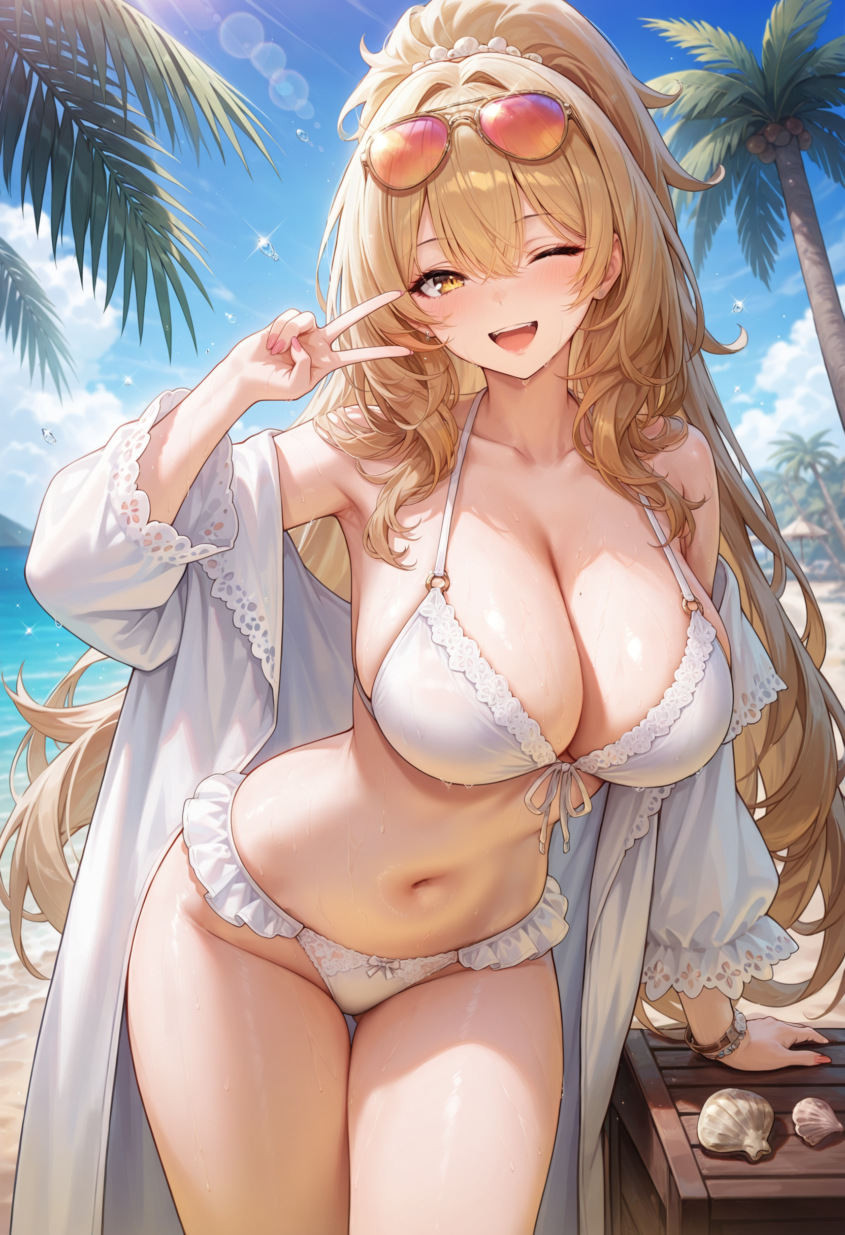 masterpiece, best quality, amazing quality,lionAZ, yellow eyes, blonde hair, long hair, high ponytail, 1girl, breasts, solo, large breasts,swimsuit_outfit,eyewear on head, sunglasses, cleavage, navel, white bikini,white robe, frills panties, white panties,open mouth, smile, upper teeth only, one eye closed,hand v, standing, looking at viewer, cowboy shot, beach, blurry background, day, palm tree, shell, wate  <lora:lionV1:0.8>