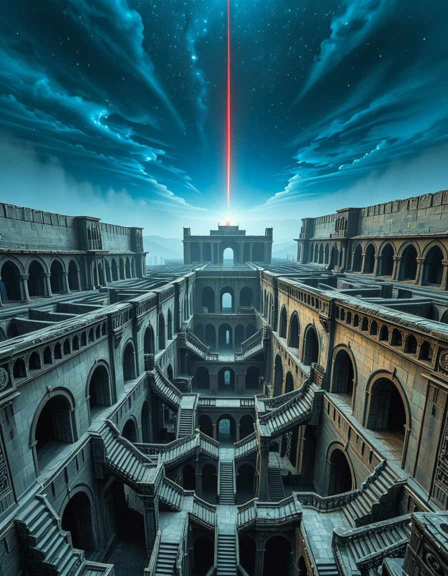 A vast, nightmarish labyrinth stretching endlessly into the horizon, its architecture a fusion of brutalist and gothic styles. The towering stone walls are cold, weathered, and adorned with eerie, ancient carvings. Deep chasms divide the labyrinth, revealing endless layers of arches and staircases that descend into an abyss of darkness. The atmosphere is thick with an unsettling silence, broken only by distant whispers and echoes of unseen entities.
A strange, ominous red beam pierces the sky from a distant point at the horizon, casting an eerie glow over the surreal landscape. The sky above is an unnatural, deep blue, devoid of stars, shrouded in a thick, ominous haze. Shadows stretch unnaturally long, twisting and shifting as if alive.
The entire scene evokes a sense of isolation and dread, as if trapped in an inescapable nightmare. The labyrinthâs geometry seems almost impossible, defying logic with staircases leading to nowhere and corridors looping endlessly. A place where time feels distorted, and reality itself is uncertain.
Style & Mood:
    Dark surrealism, Lovecraftian horror
    Cinematic, high-detail, eerie lighting
    Atmospheric perspective, emphasizing scale and depth
    Inspired by the works of ZdzisÅaw BeksiÅski and H.R. Giger
<lora:SDXLFaeTastic2400:0.4> <lora:extremely_detailed:0.4> extremely detailed, <lora:nightmarish_l4byr1nth:1>,nightmarish l4byr1nth, Masterpiece,best quality,hi res,8k,hi res,8k,award winning,(sharp focus, intricate, highly detailed),